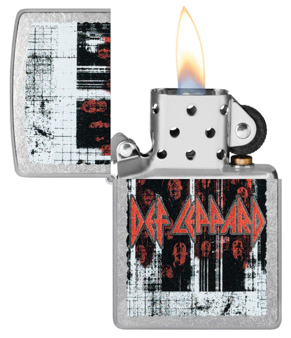 Zippo Def Leppard Logo Design Street Chrome Windproof Lighter with its lid open and lit.