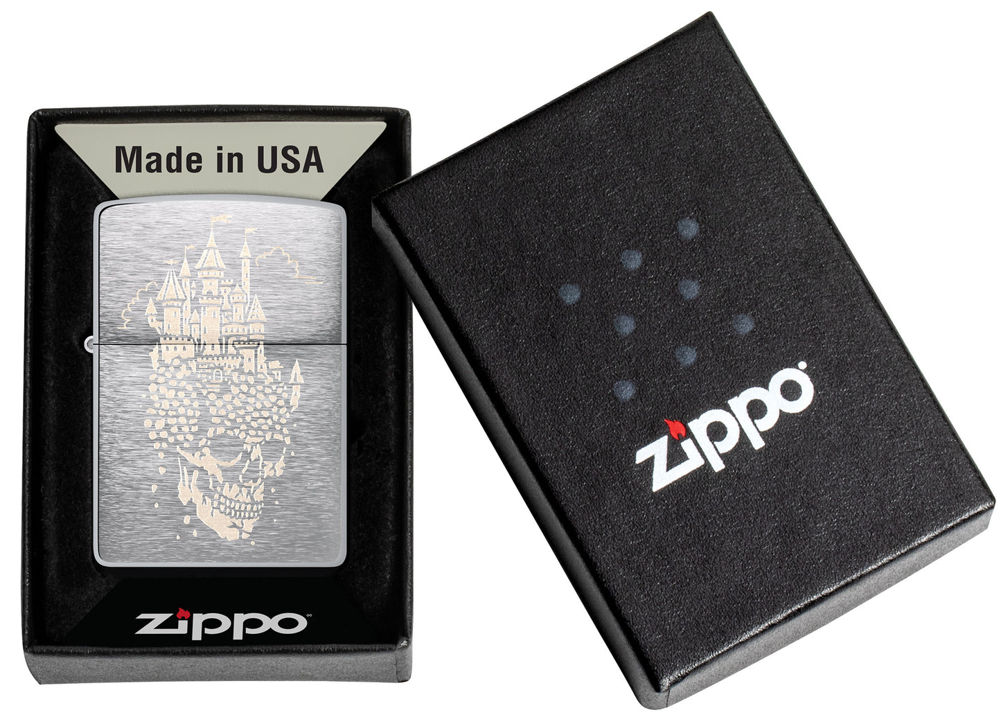 Zippo Skull Castle Design Brushed Chrome Windproof Lighter in its packaging.