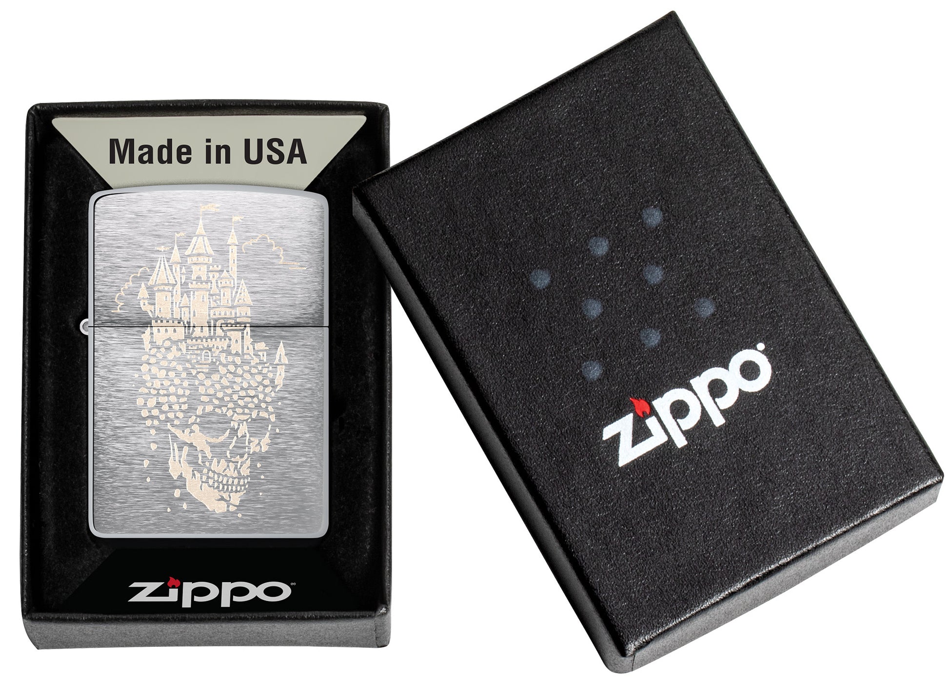 Zippo Skull Castle Design Brushed Chrome Windproof Lighter in its packaging.