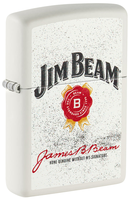 Front shot of Zippo Jim BeamÂ® Rosette Design White Matte Windproof Lighter standing at a 3/4 angle.