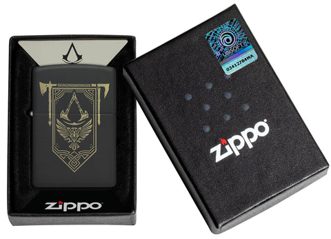Zippo Assassin's Creed Design Black Matte Windproof Lighter in its packaging.