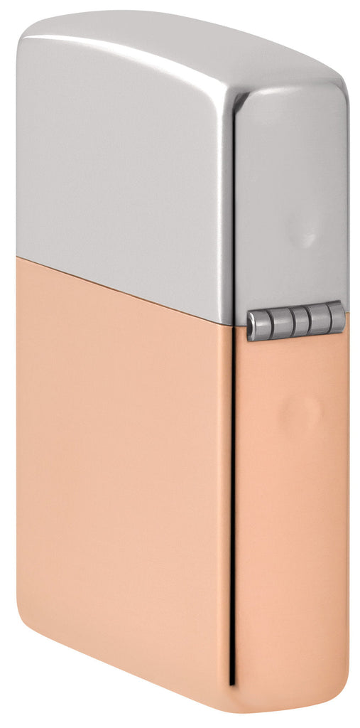 Angled shot of Zippo Bimetal (Copper Bottom) Windproof Lighter showing the back and hinge side of the lighter.