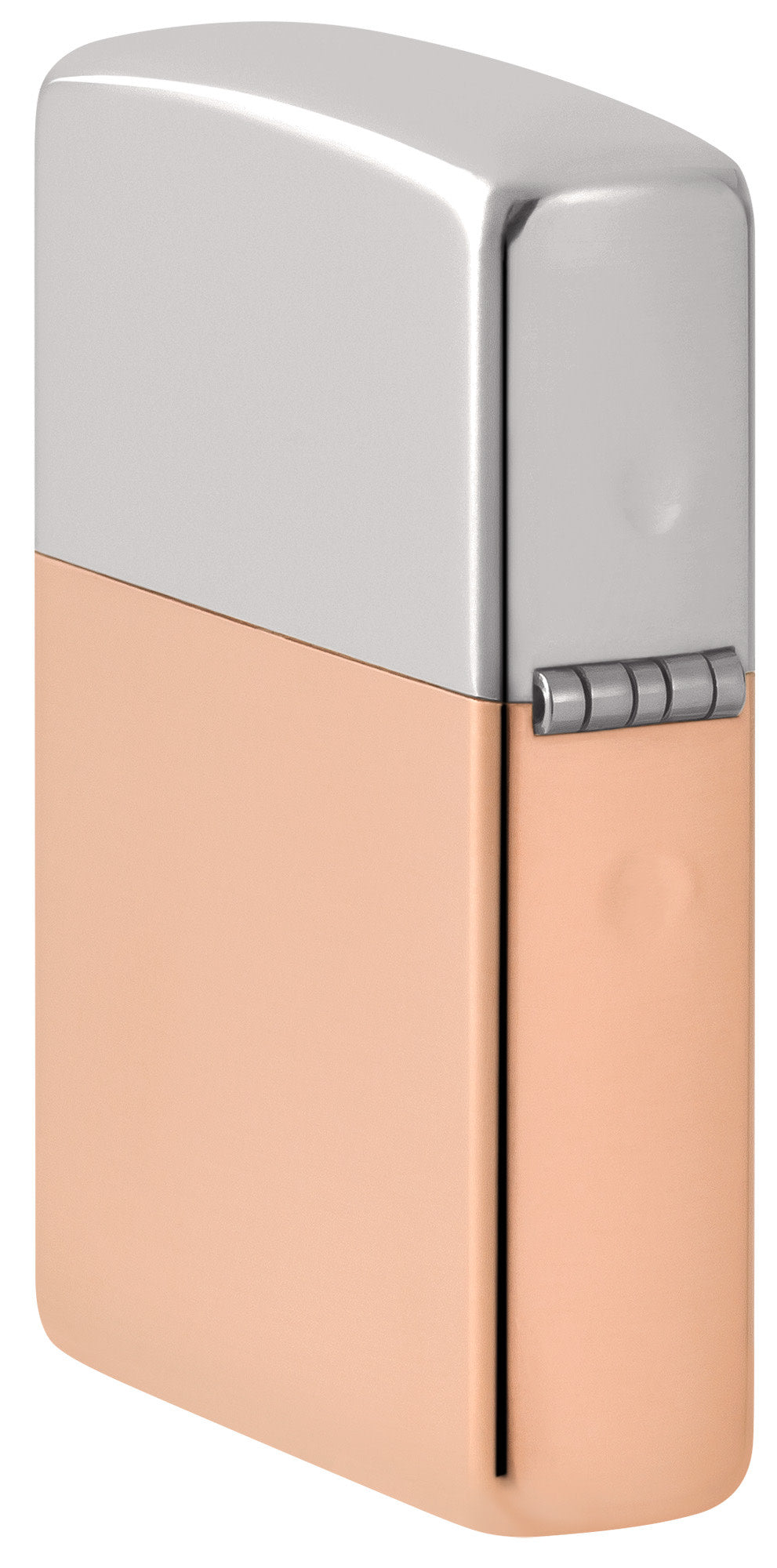 Angled shot of Zippo Bimetal Case Lighter - Copper Lid Windproof Lighter showing the back and hinge side of the lighter.