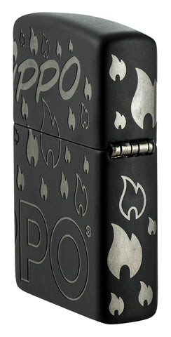 Angled shot of Zippo Design Black Matte with Chrome Windproof Lighter showing the back and hinge side of the lighter.