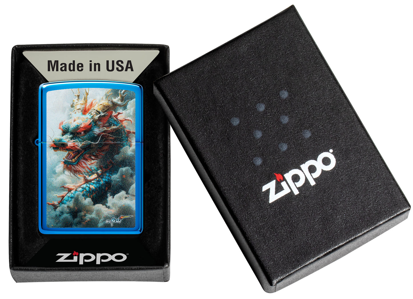Zippo MazziÂ® Dragon Design High Polish Blue Windproof Lighter in its packaging.