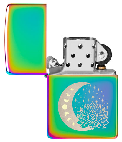 Zippo Spiritual Multi-Color Windproof Lighter with its lid open and unlit.