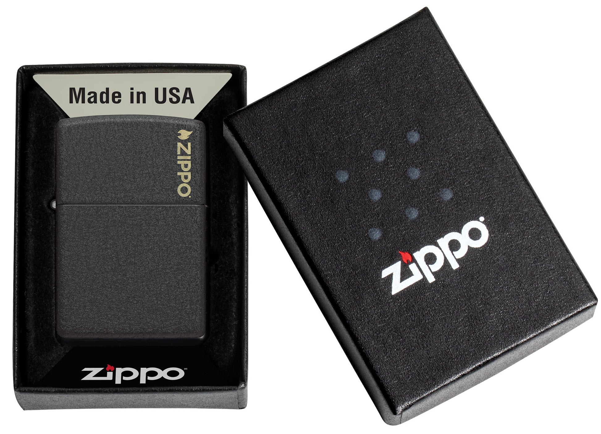 Zippo Classic Black CrackleÂ® Zippo Logo Windproof Lighter in its packaging.
