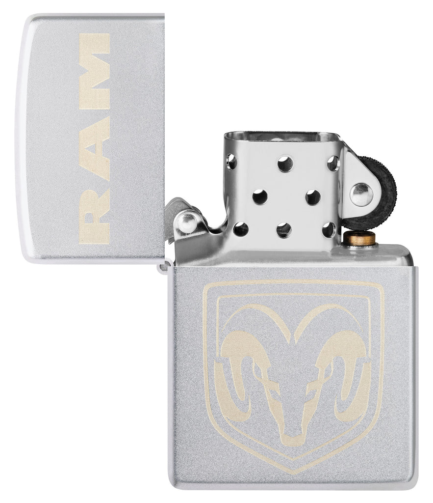 Zippo RAM Satin Chrome Windproof Lighter with its lid open and unlit.