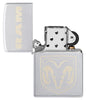 Zippo RAM Satin Chrome Windproof Lighter with its lid open and unlit.