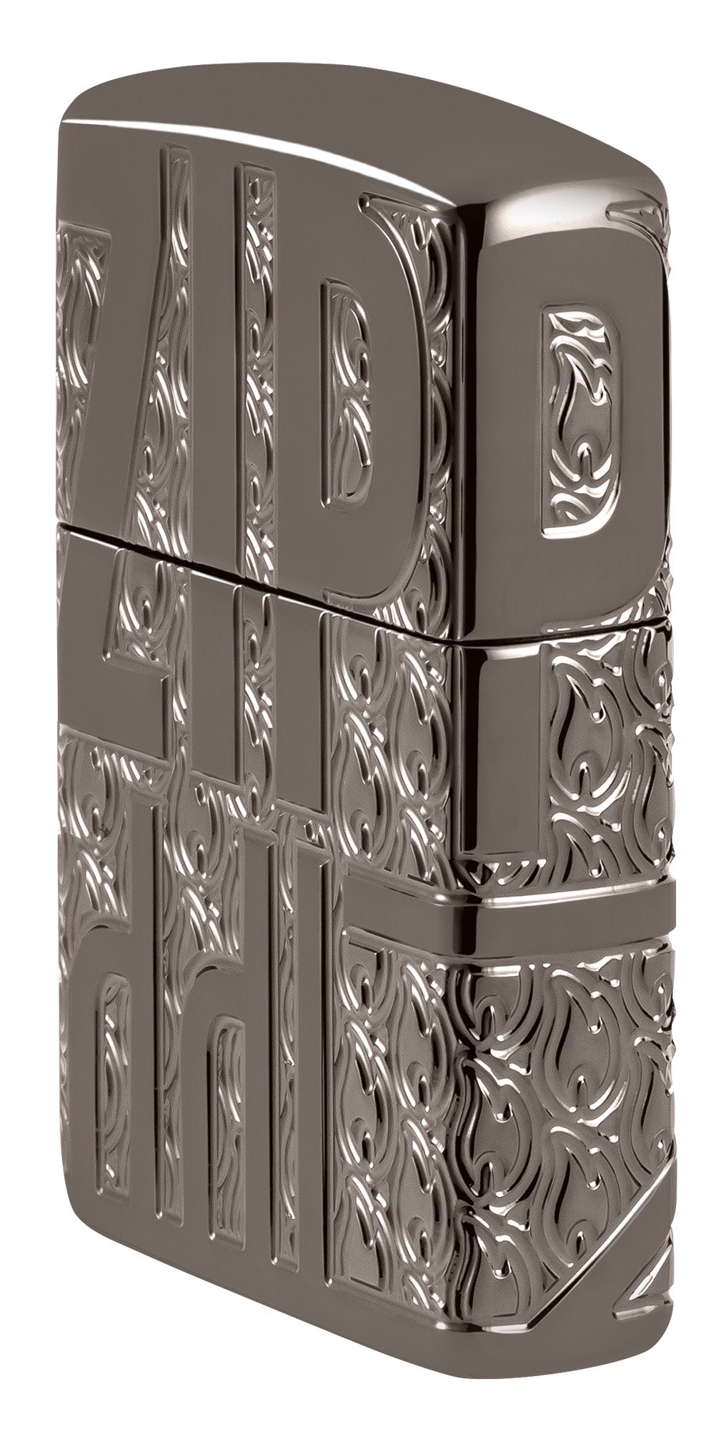 Angled shot of Zippo Reverse Carve Zippo Design ArmorÂ® Black IceÂ® Windproof Lighter showing the front and right side of the lighter.