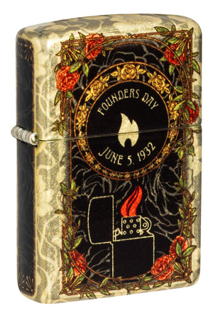 Front shot of Zippo 2025 Founder's Day Collectible 540 Tumbled Brass Windproof Lighter standing at a 3/4 angle.