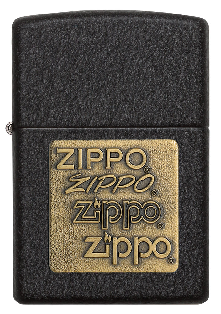 Front view of the Black CrackleÂ® Brass Zippo Logo Emblem Lighter