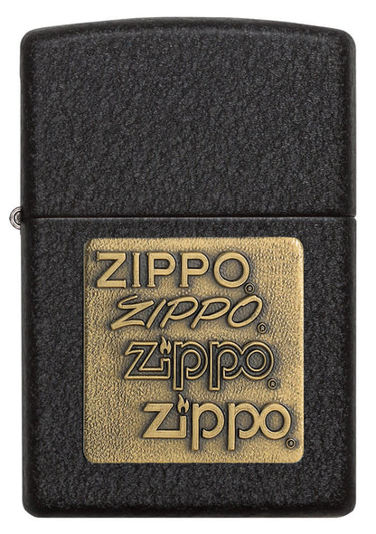 Front view of the Black CrackleÂ® Brass Zippo Logo Emblem Lighter