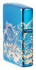 Angled shot of Zippo Atlantis Design High Polish Blue Windproof Lighter showing the back and hinge side of the lighter.
