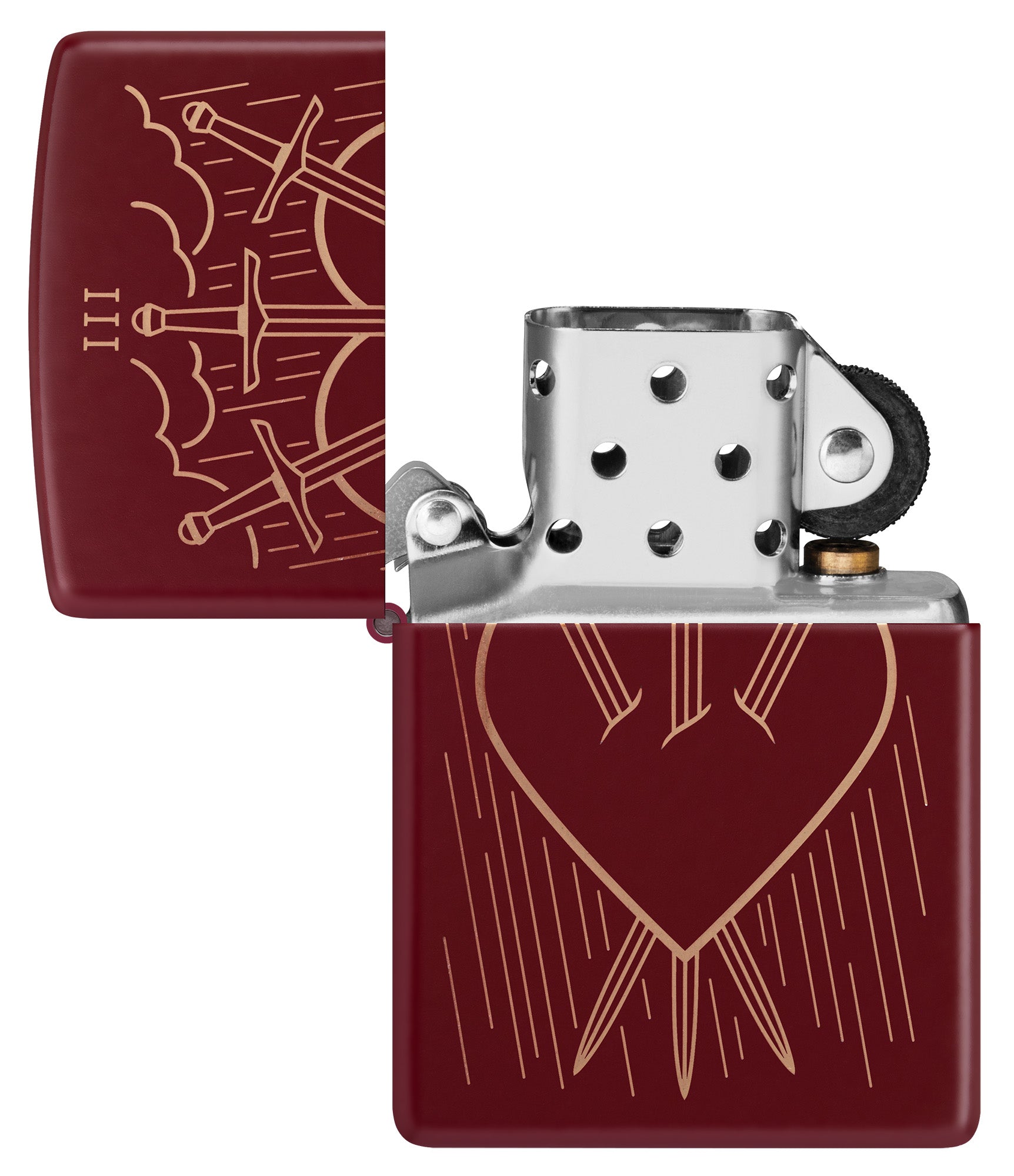 Zippo Three of Swords Design Merlot Windproof Lighter with its lid open and unlit.
