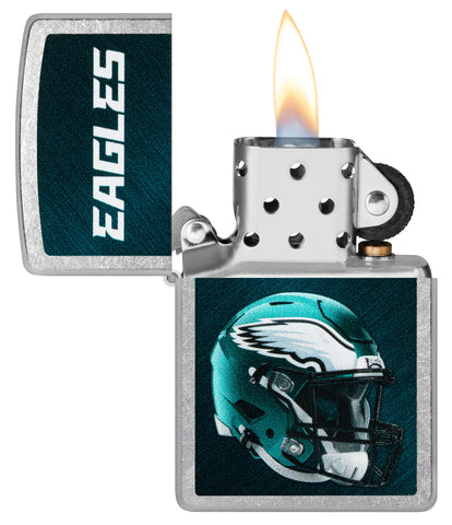 NFL Philadelphia Eagles Helmet Street Chrome Windproof Lighter with its lid open and lit.