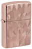 Front view of Zippo Hearts Armor High Polish Rose Gold Windproof Lighter standing at a 3/4 angle.