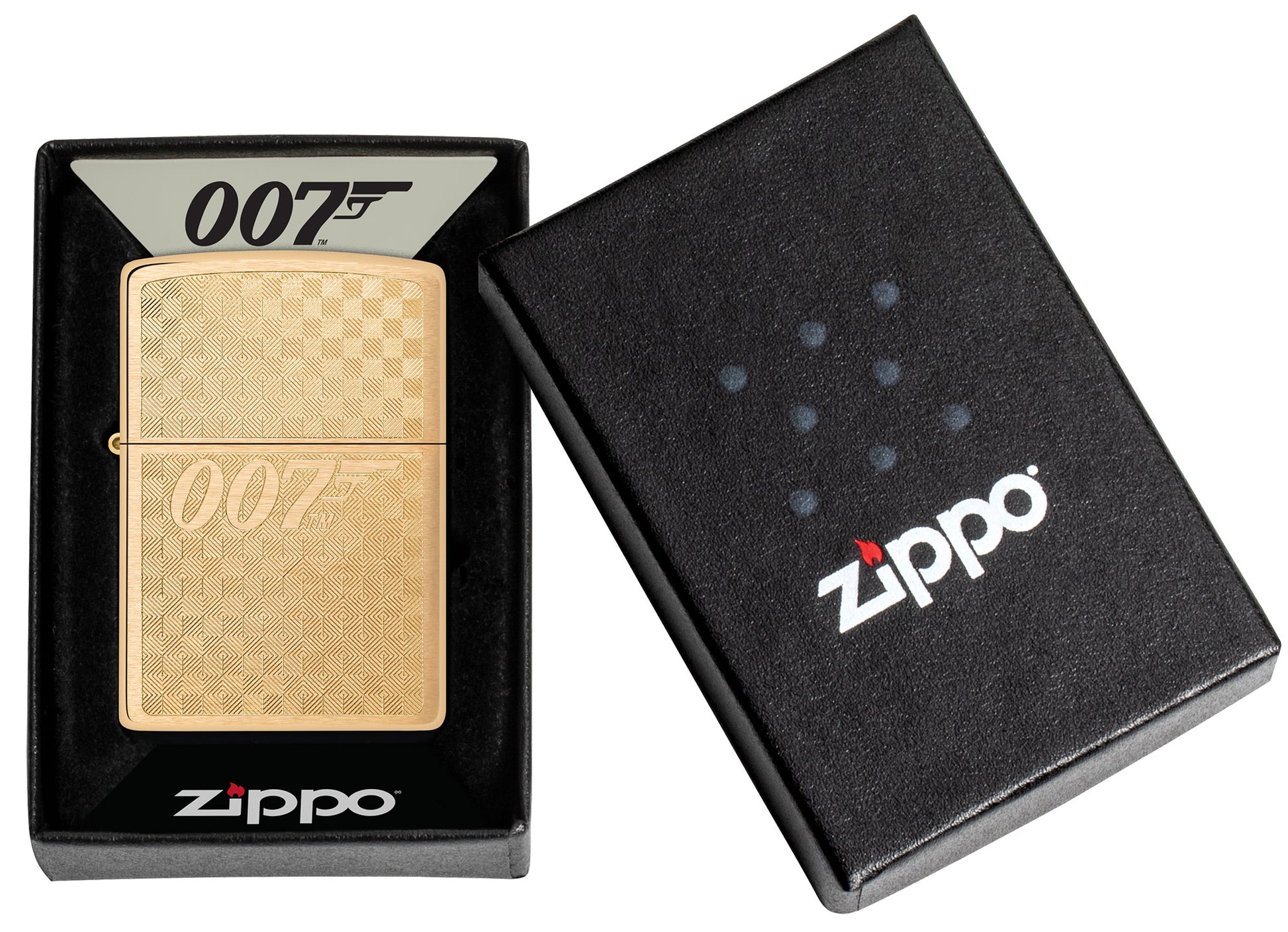 Zippo Textured James Bond 007â„¢ Design Brushed Brass Windproof Lighter in its packaging.