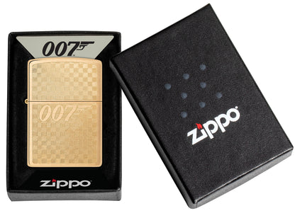 Zippo Textured James Bond 007â„¢ Design Brushed Brass Windproof Lighter in its packaging.