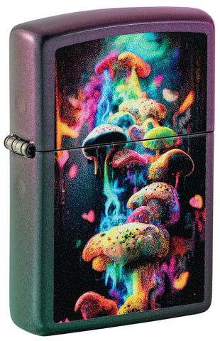 Front view of Zippo Mushrooms Design Iridescent Windproof Lighter standing at a 3/4 angle.
