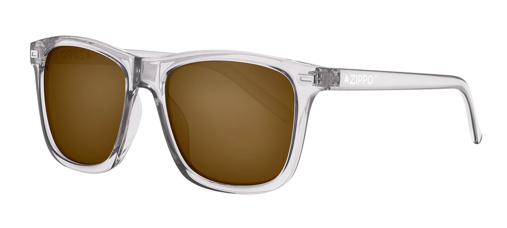 Front angled shot of Classic Angular Transparent Sunglasses OB63 - Brown