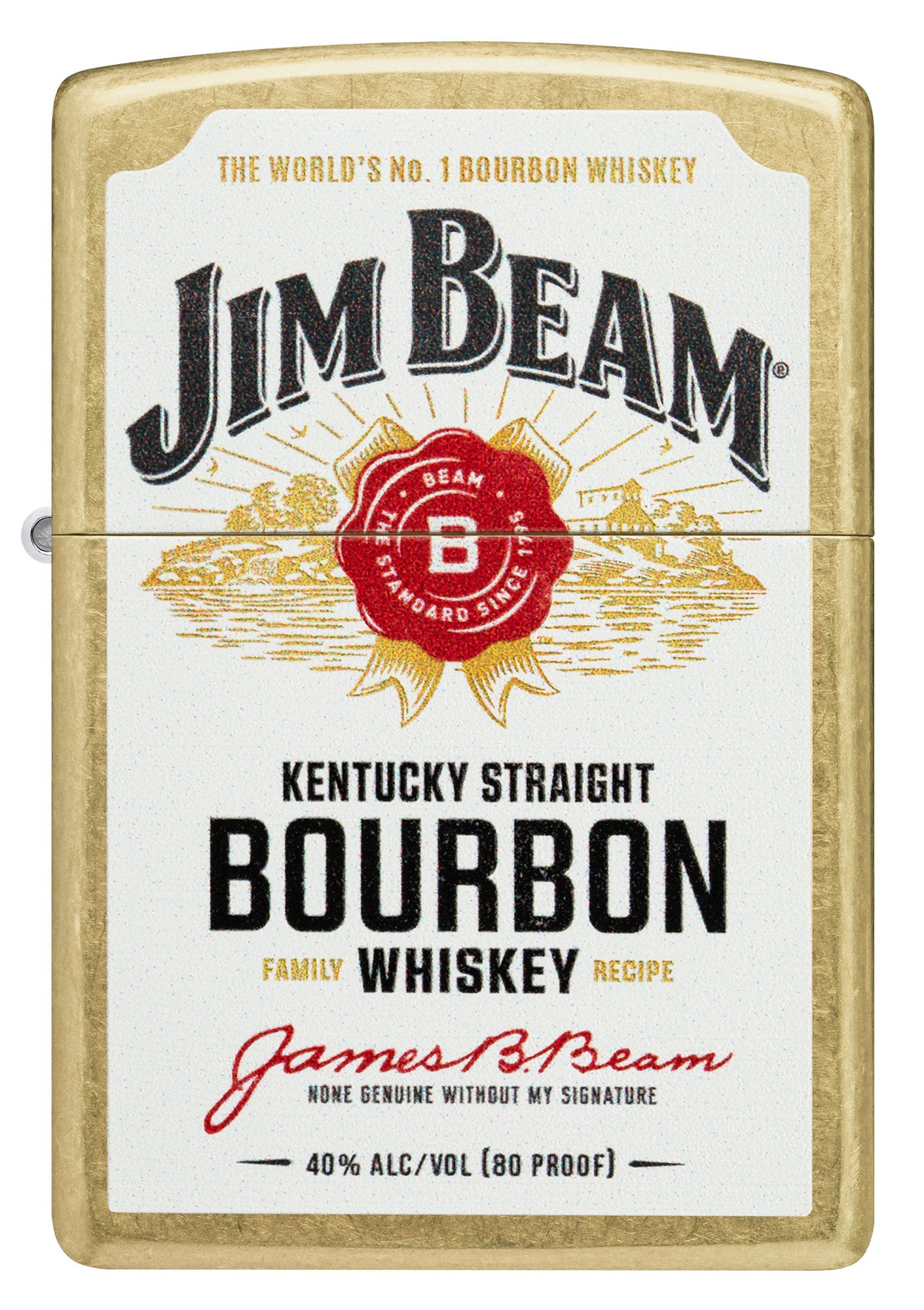 Front view of Zippo Jim BeamÂ® Label Design Regular Street Brass Windproof Lighter.