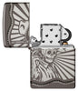 Zippo Skeleton Cowboy Design Armor® Black Ice Windproof Lighter with its lid open and unlit.