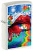 Front shot of Zippo Lip Fantasy White Matte Windproof Lighter standing at a 3/4 angle.