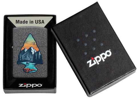 Zippo Mountain Design Iron Stone Windproof Lighter in its packaging.