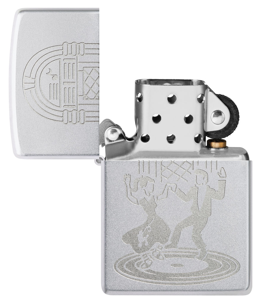 Zippo Vintage Dance Design Satin Chrome Windproof Lighter with its lid open and unlit.
