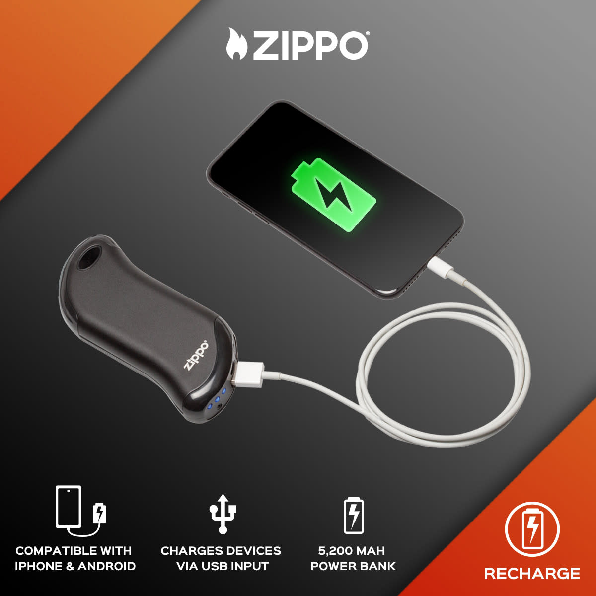 Graphic of Black HeatBankÂ® 9s Rechargeable Hand Warmer charging a cell phone.