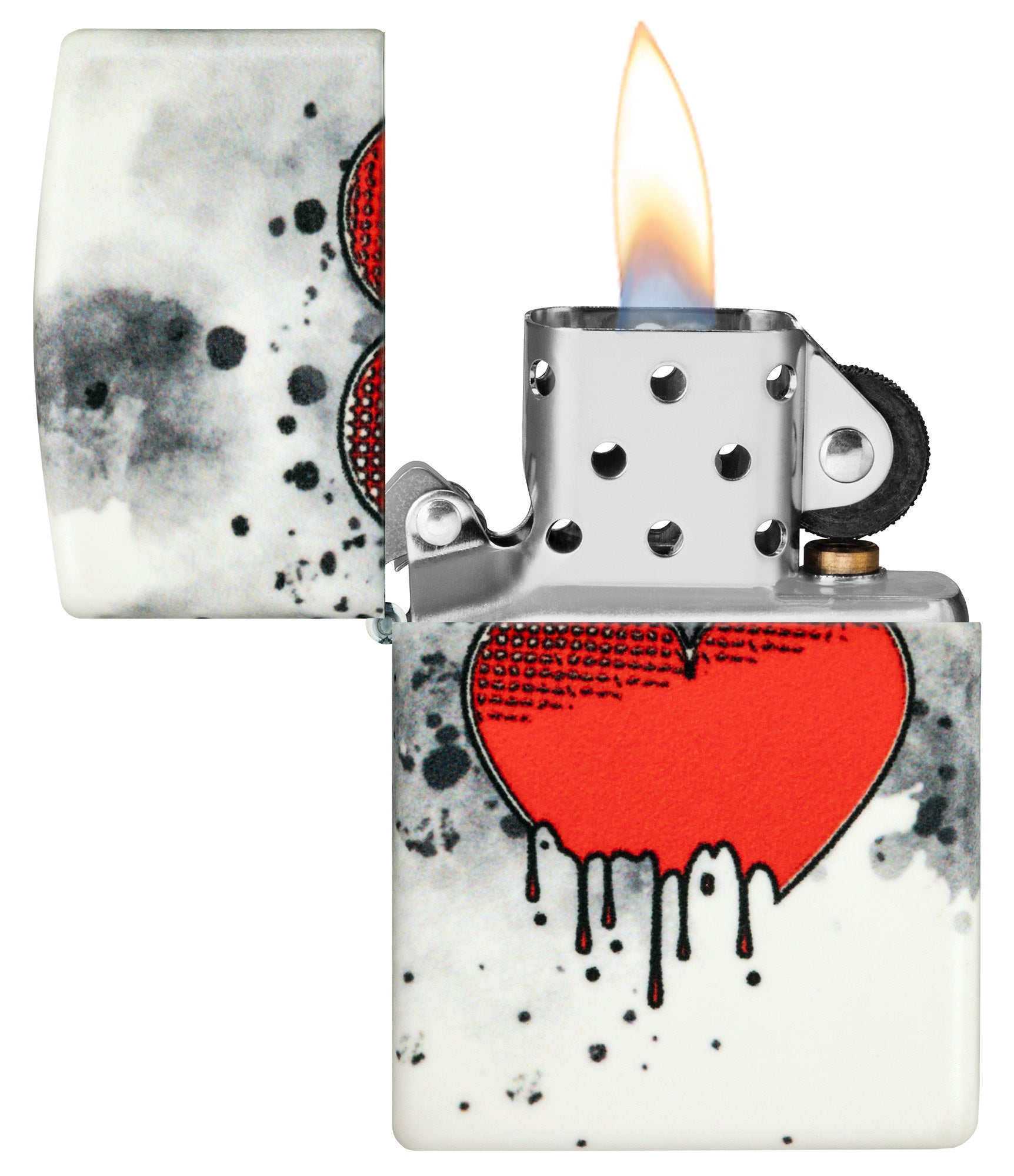 Zippo Love Drip Design 540 Color Glow in the Dark Windproof Lighter with its lid open and lit.