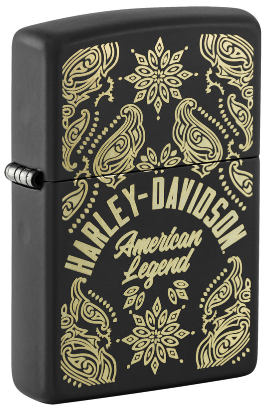 Front shot of Zippo Harley-DavidsonÂ® American Legend Black Matte Windproof Lighter standing at a 3/4 angle.