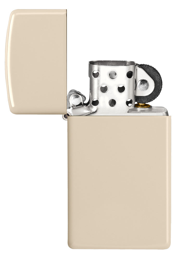 Slim® Flat Sand Windproof Lighter with its lid open and unlit.
