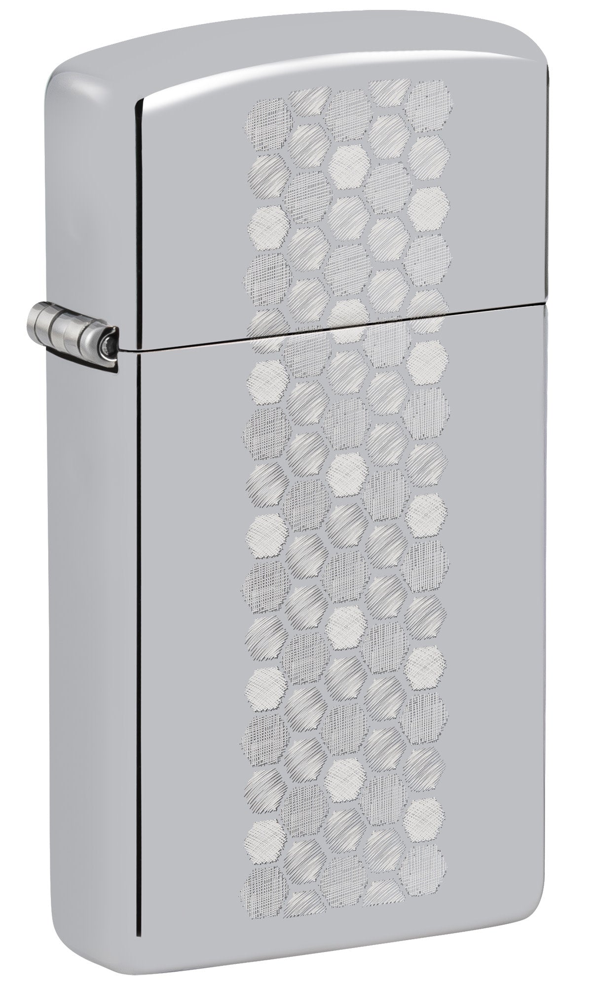 Front shot of Zippo SlimÂ® Honeycomb Design High Polish Chrome Windproof Lighter standing at a 3/4 angle.