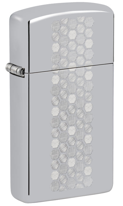 Front shot of Zippo SlimÂ® Honeycomb Design High Polish Chrome Windproof Lighter standing at a 3/4 angle.