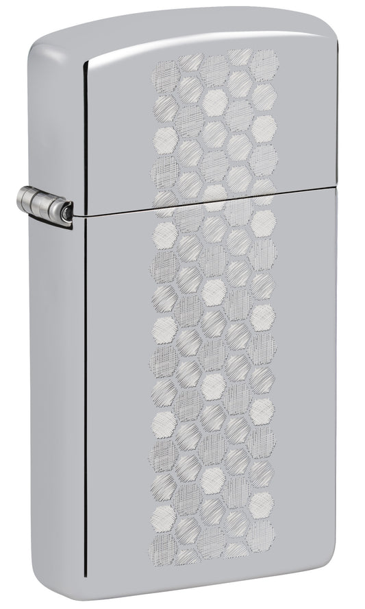 Front shot of Zippo SlimÂ® Honeycomb Design High Polish Chrome Windproof Lighter standing at a 3/4 angle.