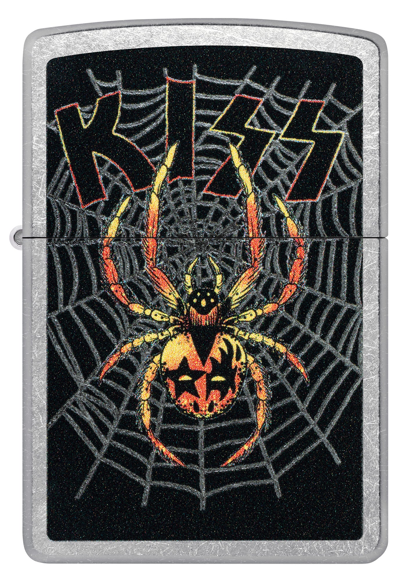 Front view of Zippo KISS® Spider Design Street Chrome Windproof Lighter.