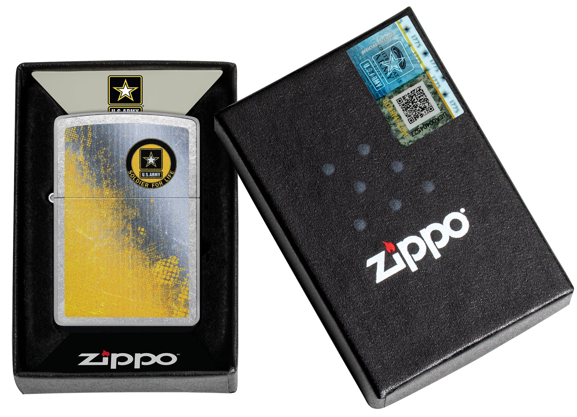 Zippo U.S. ArmyÂ® Soldier for Life Street Chrome Windproof Lighter in its packaging.