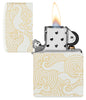Zippo Waves Design White Matte Pocket Lighter with its lid open and lit.