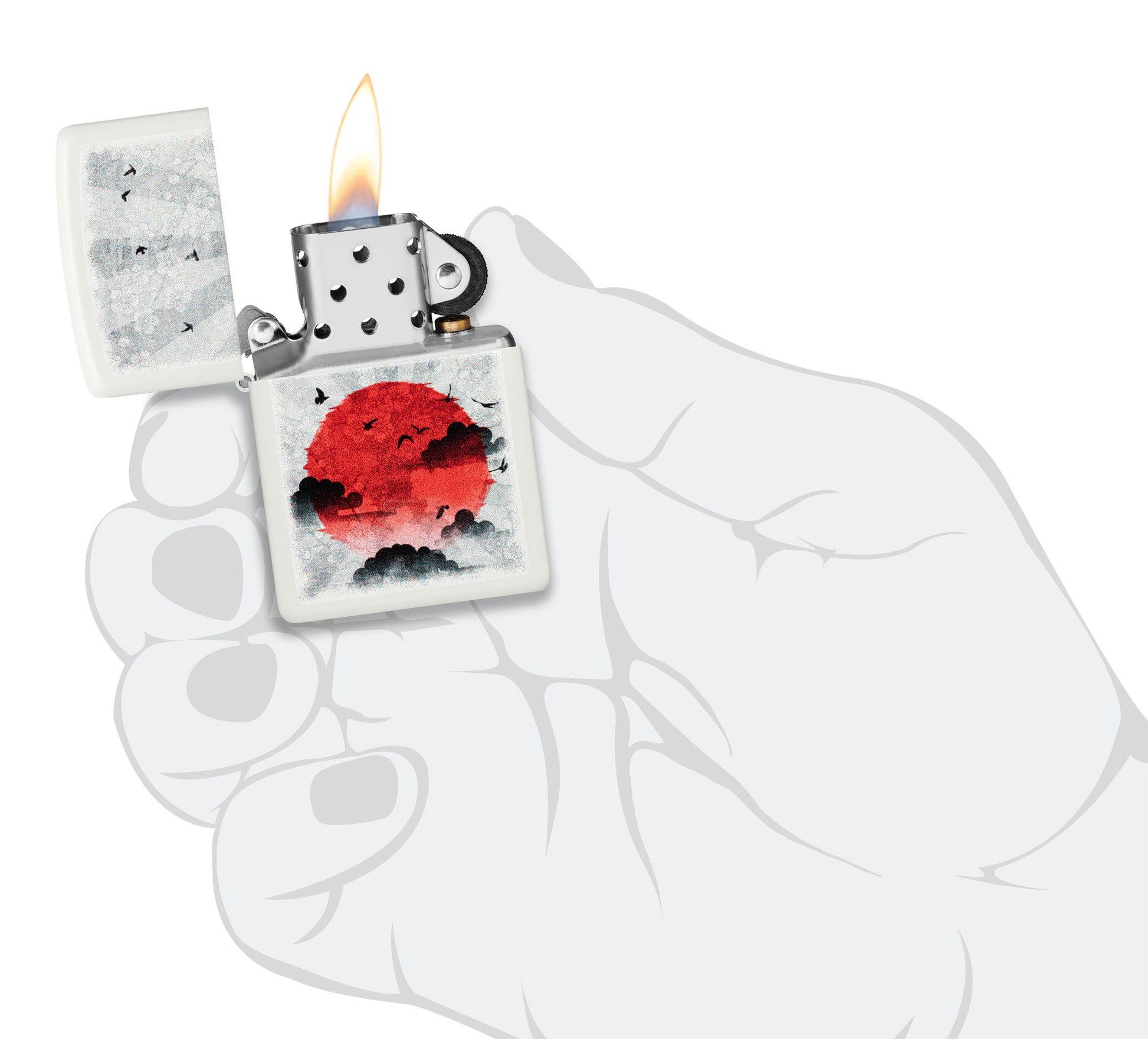Zippo Red Moon Design White Matte Windproof Lighter lit in hand.