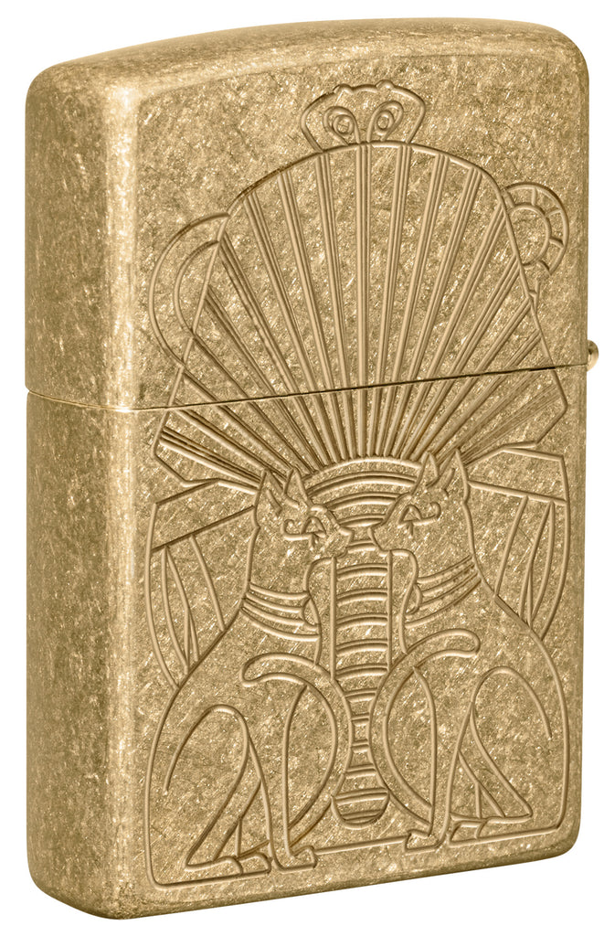 Back shot of Zippo Mummy Design Armor® Tumbled Brass Windproof Lighter standing at a 3/4 angle. 