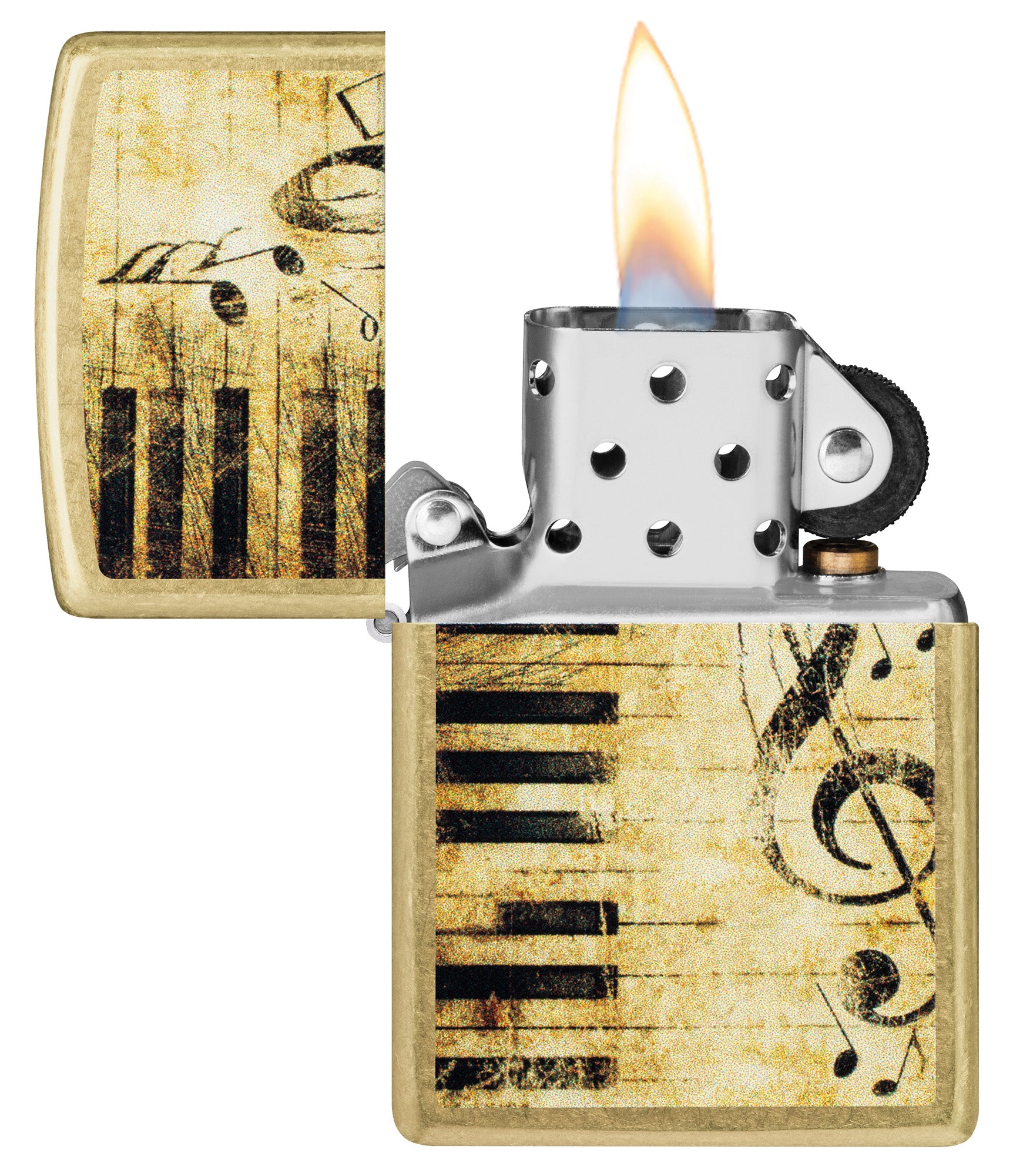 Zippo Nothing but Treble Design Street Brass Windproof Lighter with its lid open and lit.