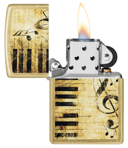 Zippo Nothing but Treble Design Street Brass Windproof Lighter with its lid open and lit.