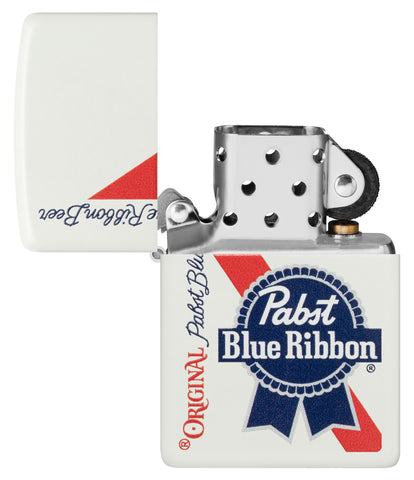 Zippo Pabst Blue Ribbon Design White Matte Windproof Lighter with its lid open and unlit.