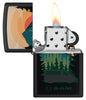 Zippo RAM Black Matte Windproof Lighter with its lid open and lit.
