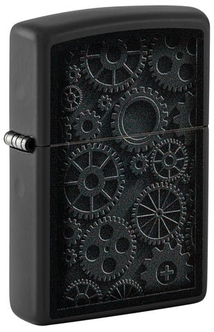 Front view of Zippo Steampunk Design Black Matte Windproof Lighter standing at a 3/4 angle.