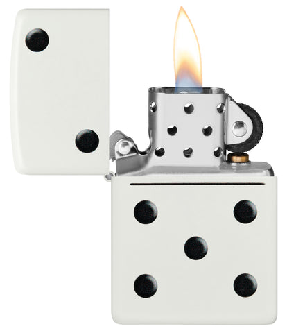Zippo Domino Design White Matte Windproof Lighter with its lid open and lit.