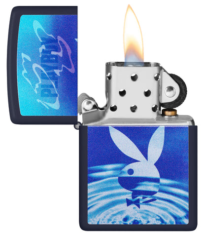 Zippo Playboy Navy Matte Windproof Lighter with its lid open and lit.