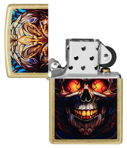Zippo Stained Glass Skull Design Street Brass Windproof Lighter with itst lid open and unlit.